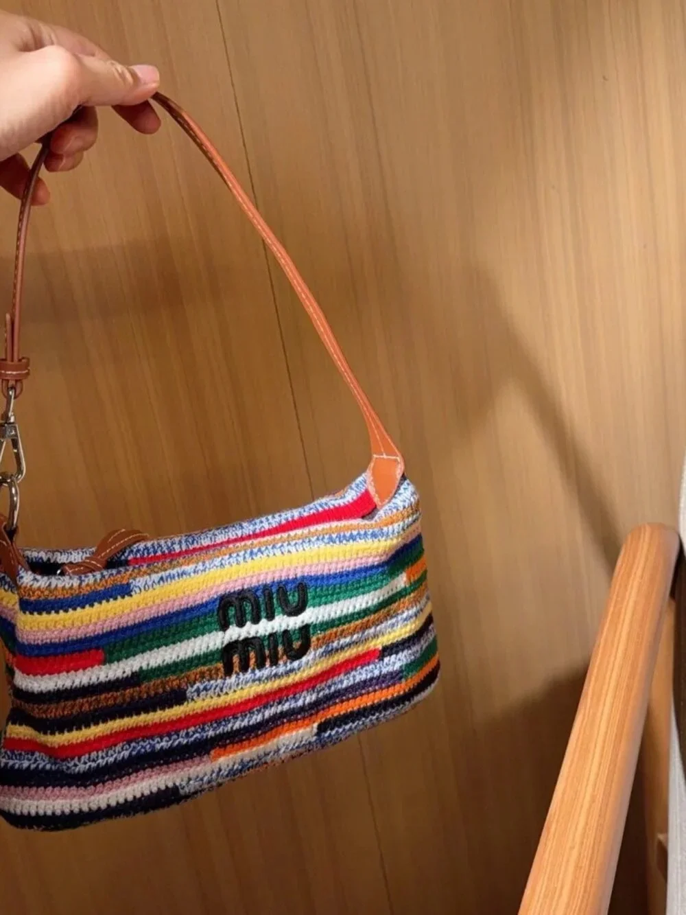 Miu Miu Multicolor Striped Crochet Shoulder Bag with Tan Leather Strap